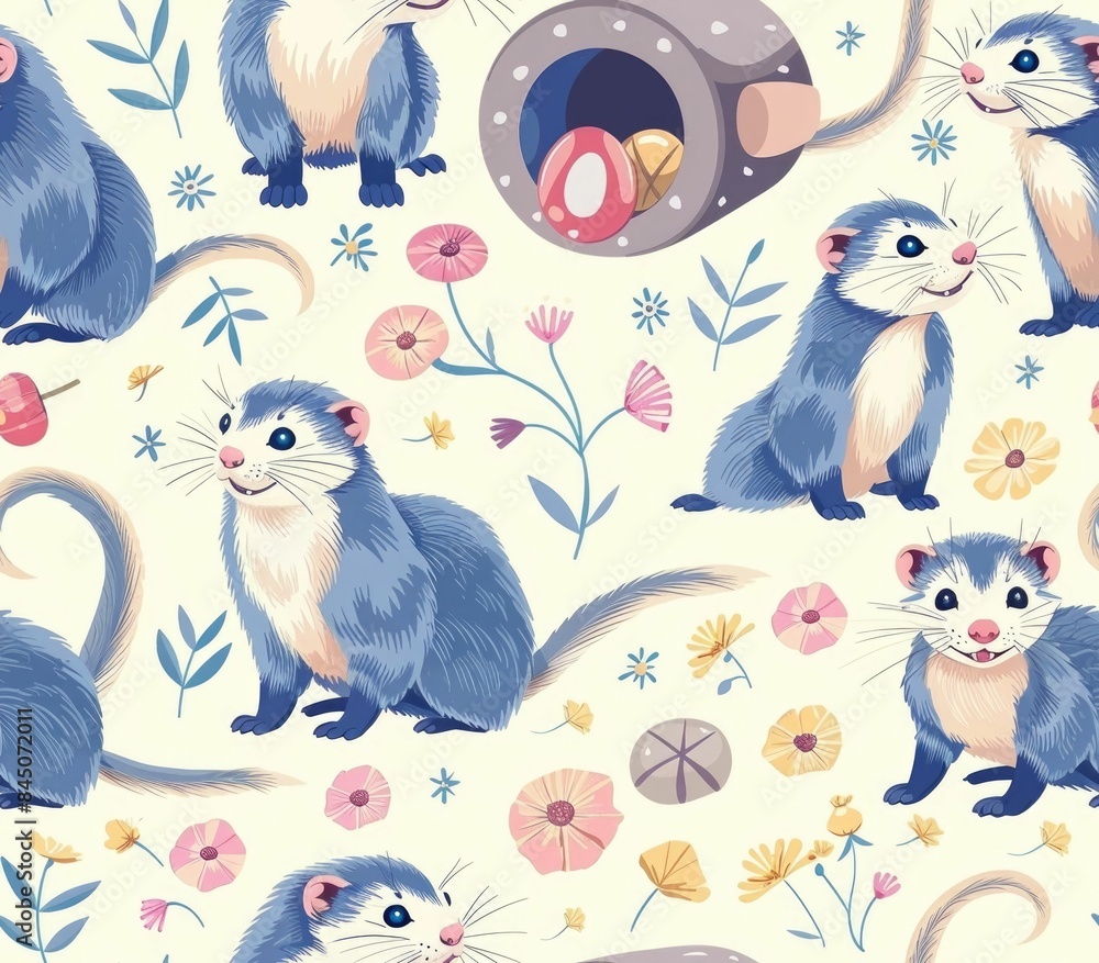 Poster seamless pattern featuring a delightful and playful scene of ferrets exploring tunnels and playing w