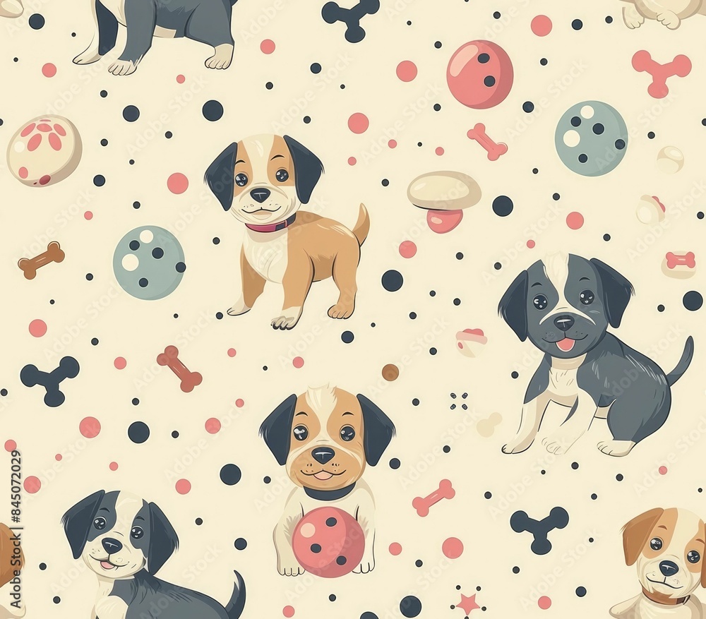 Poster seamless pattern featuring a delightful array of adorable puppies surrounded by playful elements lik