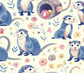 Naklejka premium Seamless pattern featuring a delightful and playful scene of ferrets exploring tunnels and playing with various toys in a soft pastel color palette
