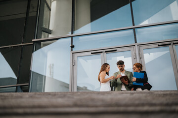 Business professionals in an outdoor meeting discussing new project using digital tablet in an urban city setting. Financial statements, marketing, and sales strategy discussed.