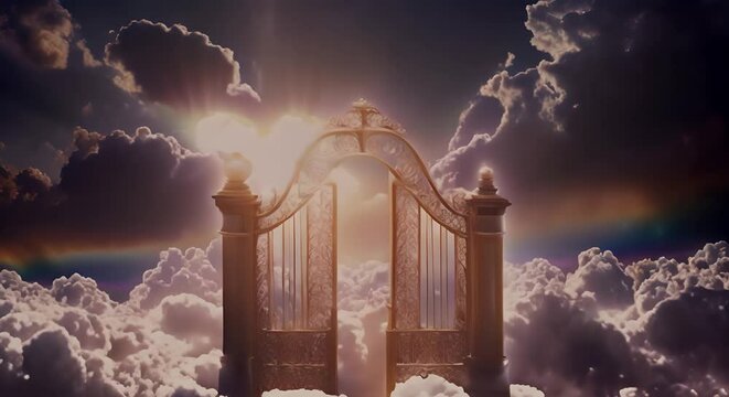 Pearly gates with clouds and heaven in sunlight
