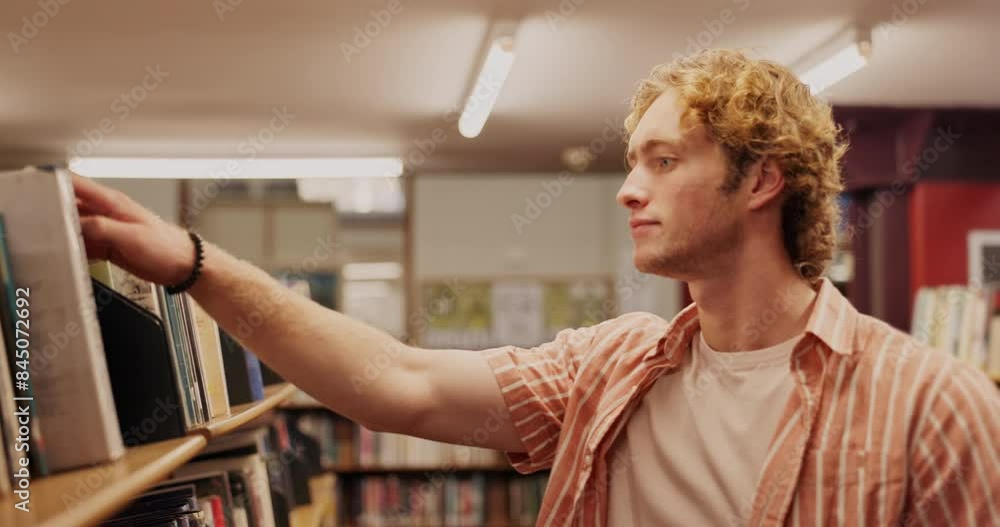 Poster search, student and man in library looking for textbook with education, knowledge or learning. unive