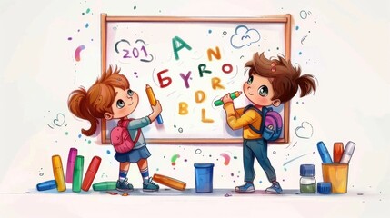 Adorable cartoon style chibi boy and girl students exploring their creativity by learning to write letters and draw colorful designs on a large  vibrant whiteboard in a cheerful classroom environment