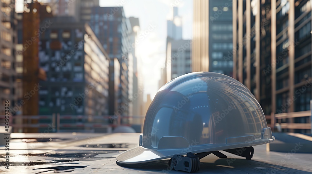 Poster create a 3d rendering and architectural blueprint for a sturdy hard hat set against a backdrop of bu