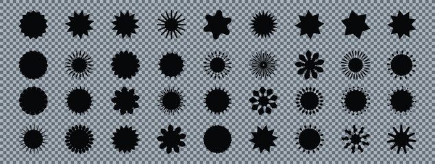 Fototapeta premium Black blank stickers promo set. Collection of flat starburst, sale or price tag, quality mark design, retro 70s or 80s discount badge sunray promotional element. Vector illustration of hipster badges.