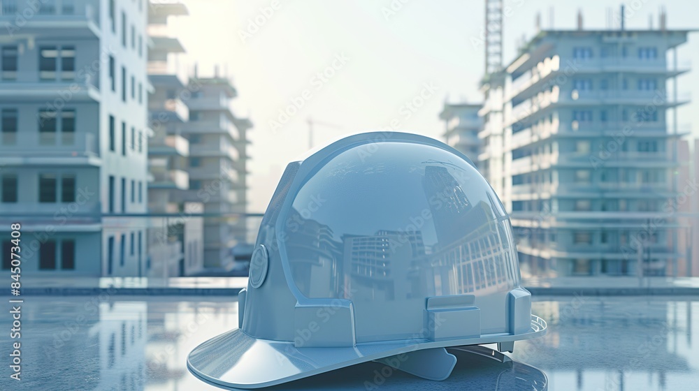 Poster create a 3d rendering and architectural blueprint for a sturdy hard hat set against a backdrop of bu