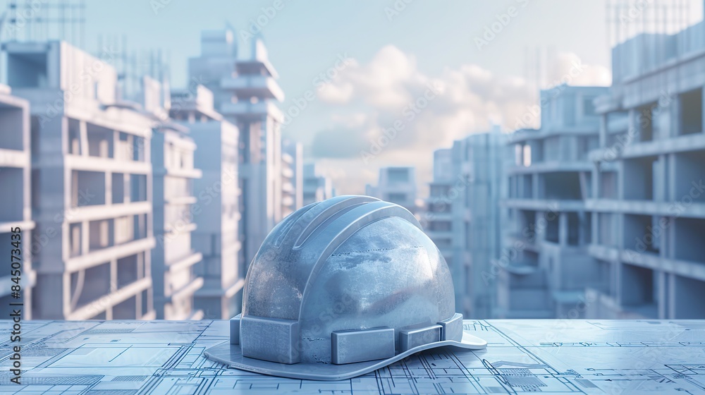Poster create a 3d rendering and architectural blueprint for a sturdy hard hat set against a backdrop of bu