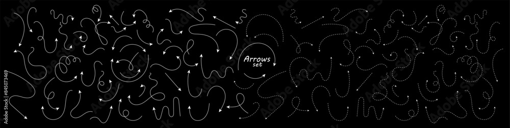 Poster big set of hand drawn thin line and dash line arrows. collection of white curved vector pointers poi