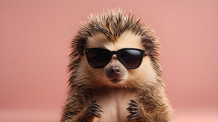 Fototapeta premium imaginative animal notion. Porcupine wearing sunglasses isolated on a pastel solid background for a commercial or editorial advertisement featuring surrealistic imagery