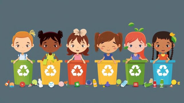 Group of Diverse Cartoon Chibi Students Enthusiastically Learning About Recycling and Sorting Different Materials Into Colored Bins in a Classroom Setting - Powered by Adobe