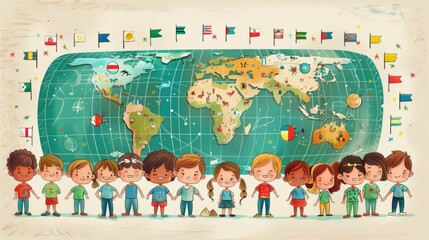 Adorable Cartoon Chibi Style Characters Studying Geography and Cultures Around the World on a Large Map with Colorful Flags