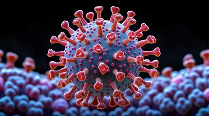 Obraz premium Close-Up of Vibrant Coronavirus Model. Highly detailed and colorful model of a coronavirus, illustrating its complex structure and spiky surface.