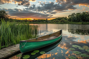 A green canoe docked at the wooden lake deck as the sunset sky shone above the water lilies