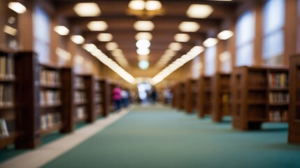 Blurred public library bookstore interior space, blurry storage room with bookshelves by defocused effect. Education training concept macro background