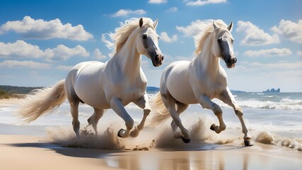 Amazing photos of white horses galloping on a sunny morning on a beach with white sand.