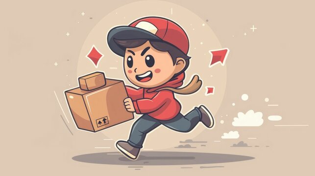 Cheerful Cartoon Chibi Delivery Courier Rushing To Drop Off Parcel Package On Time Eager To Complete Shipping Task Successfully And Efficiently