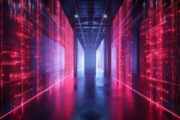 A long, dark hallway with red lights on the wall