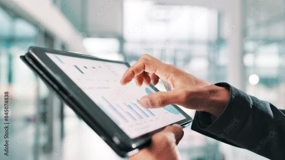 Poster hands, tablet and screen with charts, report and statistics of company sales for data analysis in of