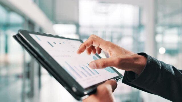 Hands, tablet and screen with charts, report and statistics of company sales for data analysis in office. Ux, tech and person for review of profit, finance and revenue with ui and business analytics - Powered by Adobe