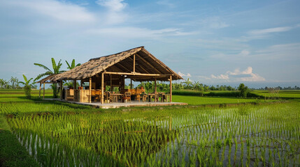 Obraz premium Bamboo cafes in the middle of rice fields..