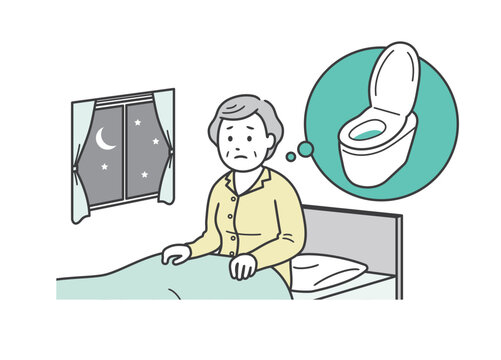 睡眠中に尿意を覚えストレスを感じる夜間頻尿に悩む高齢女性のイラスト
