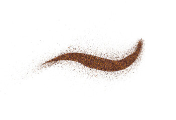 Coffee or chocolate powder, flying dust particles. Texture of dust particles in the wave shape on white background. Crushed granules of sand or brown cane sugar. Vector illustration of spilled powder.
