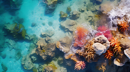 An aerial view of vibrant coral reefs teeming with diverse sea life, showcasing the beauty and biodiversity of the underwater ecosystem.