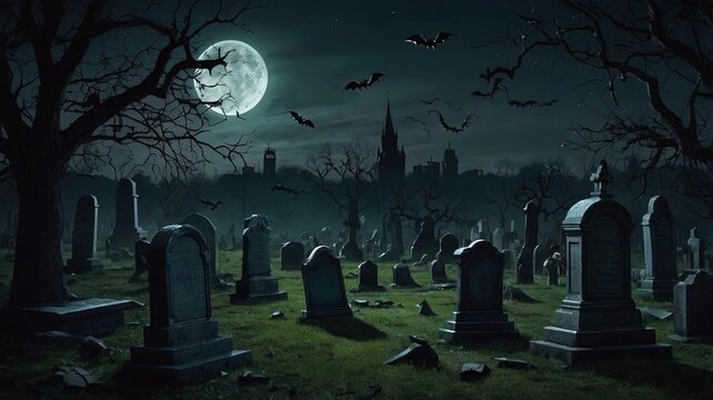 A creepy graveyard at night with old, crooked tombstones, glowing eyes peering from the darkness - Powered by Adobe