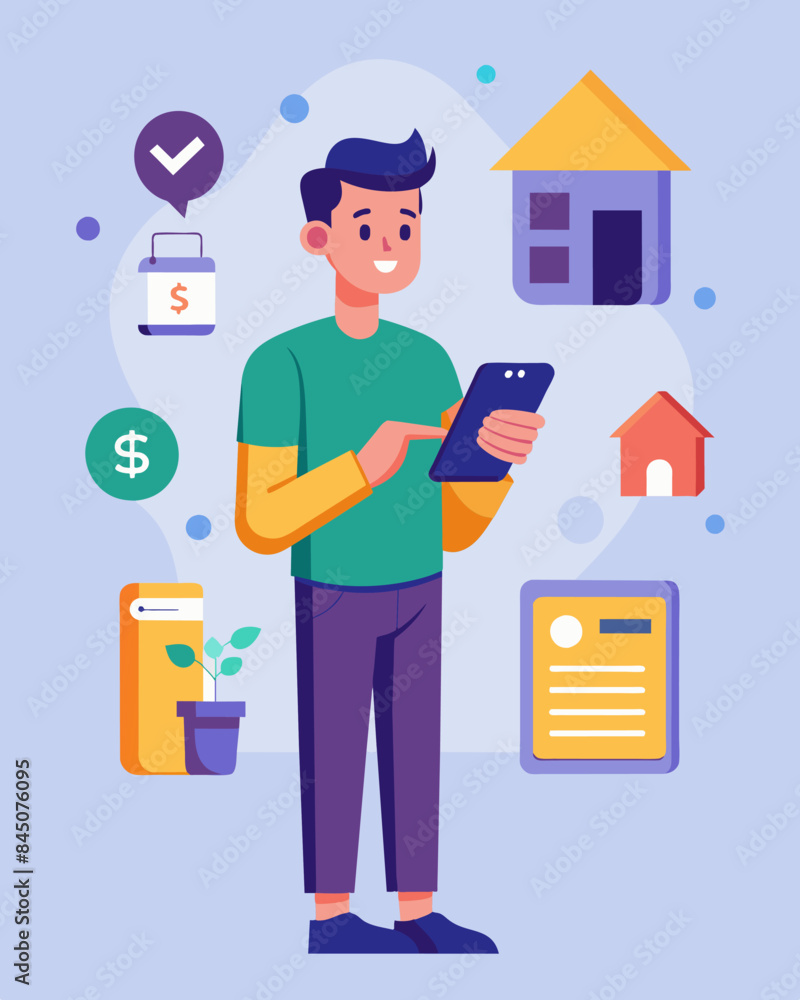 Poster using the digital payment app a student sends a request for payment to his flatmates for their porti