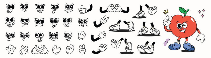 Set of 70s groovy comic faces vector. Collection of cartoon character faces, leg, hand in different emotions happy, angry, sad, cheerful. Cute retro groovy hippie illustration for decorative, sticker.
