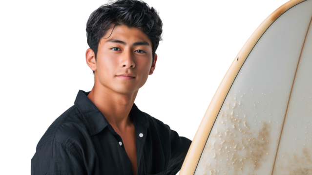 Portrait of a handsome Japanese guy with a surfboard, isolated on transparent background