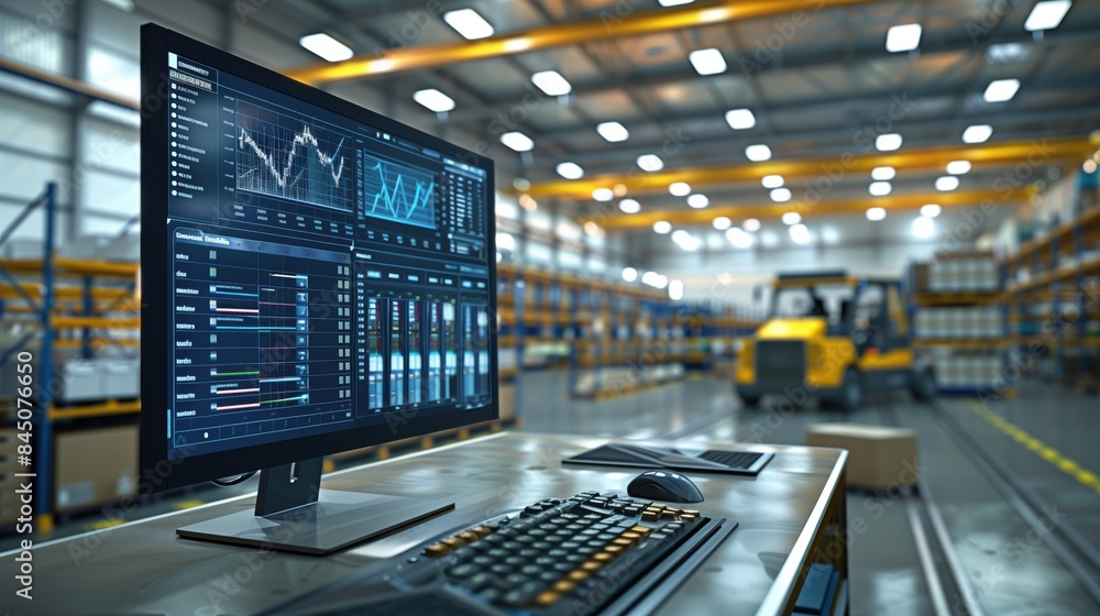 Poster an advanced logistic software interface on a monitor with an operational agv in the background, unde