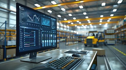 An advanced logistic software interface on a monitor with an operational AGV in the background, underscoring warehouse management innovation.