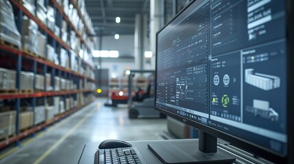 An advanced logistic software interface on a monitor with an operational AGV in the background, underscoring warehouse management innovation.
