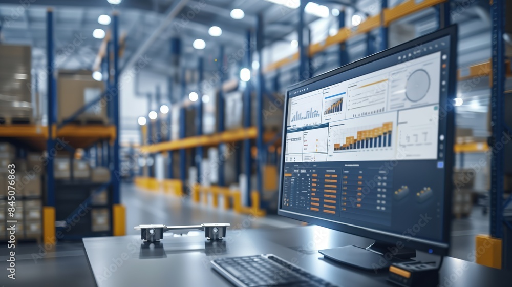 Poster an advanced logistic software interface on a monitor with an operational agv in the background, unde