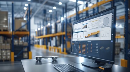 An advanced logistic software interface on a monitor with an operational AGV in the background, underscoring warehouse management innovation.