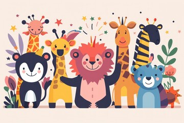 Obraz premium Colorful Cartoon Animals Standing Together in Front of a Starry Floral Background for Fun and Joyful Adventure