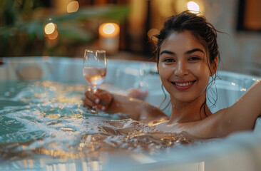 A beautiful woman is enjoying her time in the jacuzzi with a wine glass. She has an elegant smile...