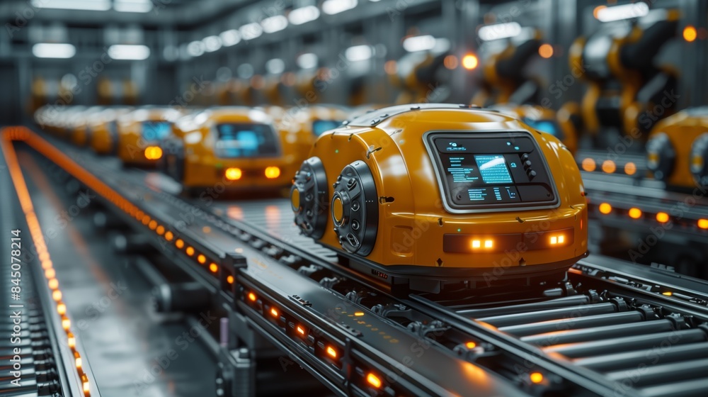 Poster automated robots on industrial conveyor belt. yellow automated robots moving on an industrial convey