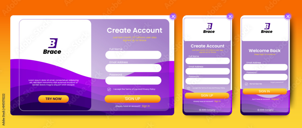 Poster set of sign up and sign in forms. blue gradient. mobile registration and login forms page. professio