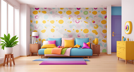 an abstract wallpaper design featuring a harmonious blend of geometric shapes with soft gradients and vibrant colors, suitable for modern interior decor
