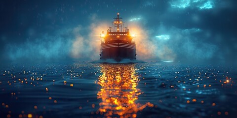 Fototapeta premium A cargo ship's digital tracking system interface overlays logistics, creating dynamic and dramatic compositions with ample copy space.