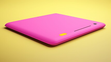A pink tablet with yellow buttons on it