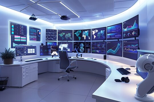 A high-tech office with a curved desk setup, multiple monitors displaying various data, a sophisticated lighting system, ergonomic chairs, and a clean, white color scheme.