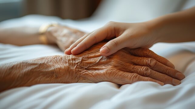A gentle young hand rests upon an aged one, extending solace and compassion as a testament to intergenerational support and the sacred bond that transcends the boundaries of time.