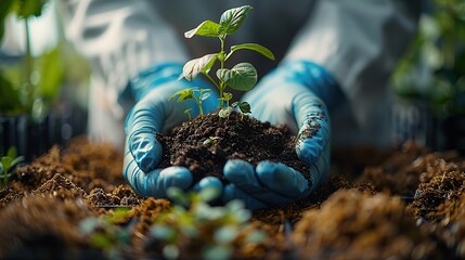 A close-up of a researcher's hands holding a soil sample, testing for contamination and the effectiveness of bioremediation techniques, illuminated by the natural light from the lab window.