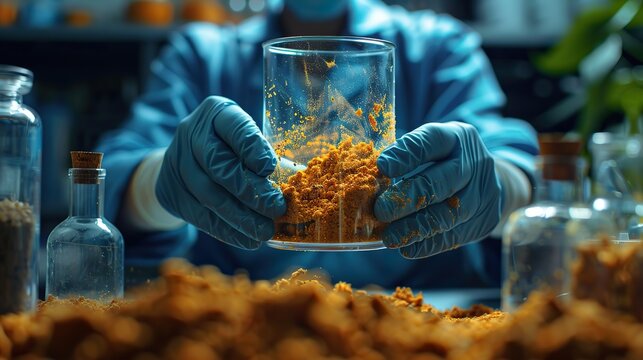 A close-up of a researcher's hands holding a soil sample, testing for contamination and the effectiveness of bioremediation techniques, illuminated by the natural light from the lab window.