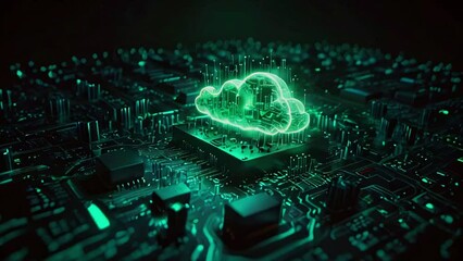 A glowing green circuit board with a cloud-shaped hologram over the central processing unit. - Powered by Adobe