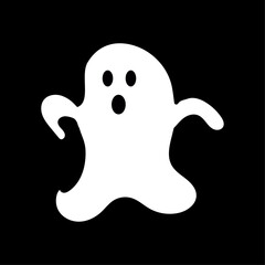 white ghost on black background scary autumn holiday Halloween scary spirit flying in night ghost icon with cute spooky happy and funny faces poster or banner vector illustration