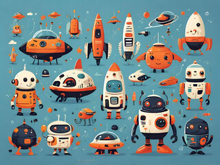 Fototapeta premium abstract childish Big collection of cute space robots and spaceships. Kids art. Children illustrations Hand drawn flat graphic design